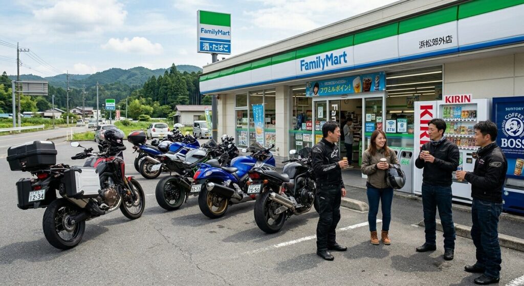 Japanese motorcycle riders at convenience store touring culture