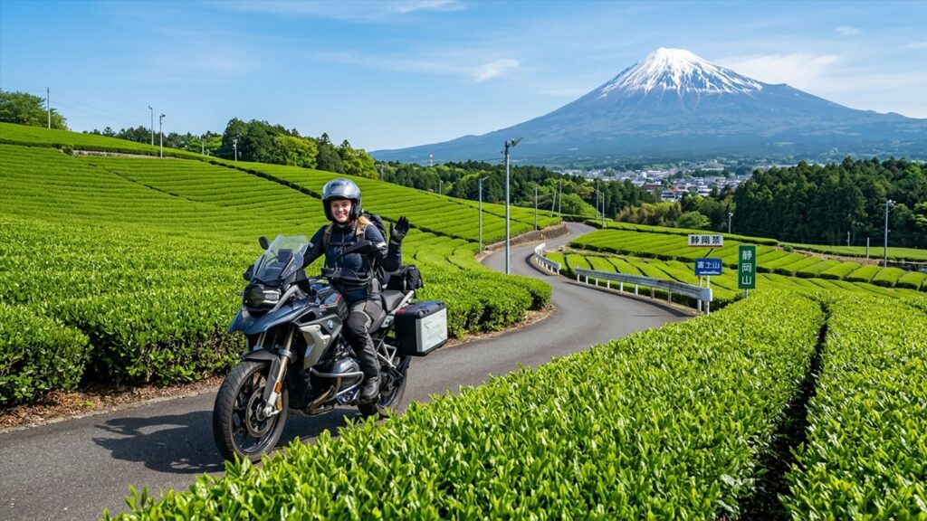 motorcycle riding through green tea fields in Shizuoka Japan countryside