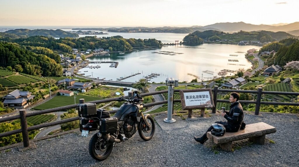 Motorcycle touring stop Lake Hamana Japan