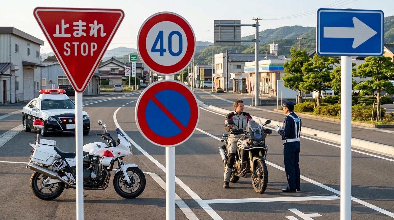 Japanese traffic police stopping a foreign motorcycle rider with road signs and patrol lights in Japan