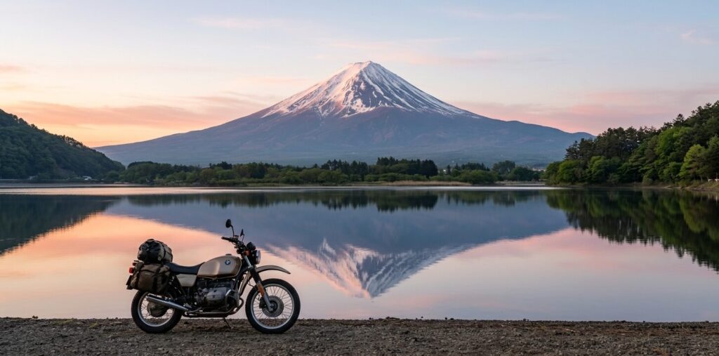 mount fuji reflection early morning lake kawaguchi motorcycle touring japan