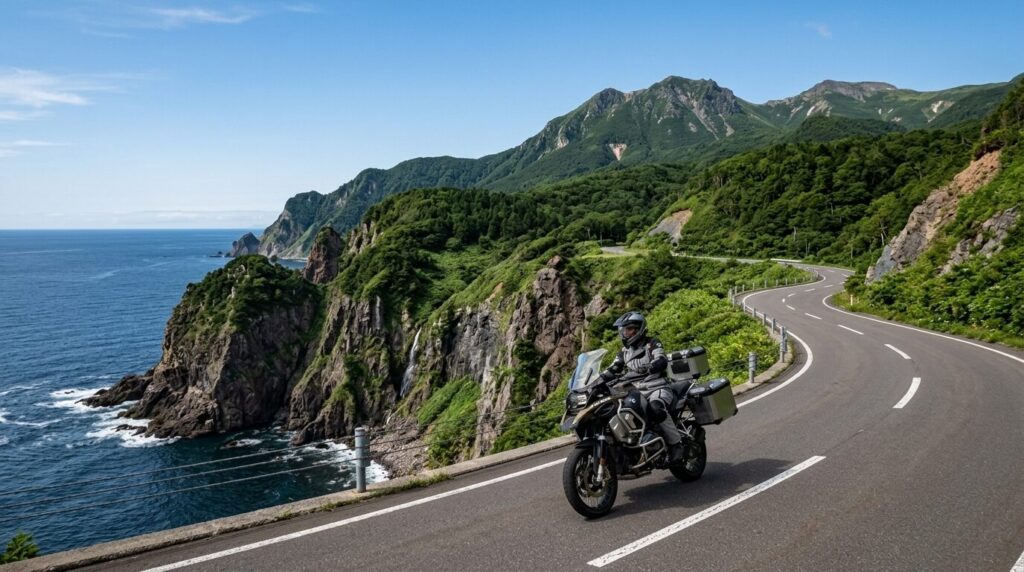 Motorcycle touring in Shiretoko Peninsula scenic road Hokkaido Japan