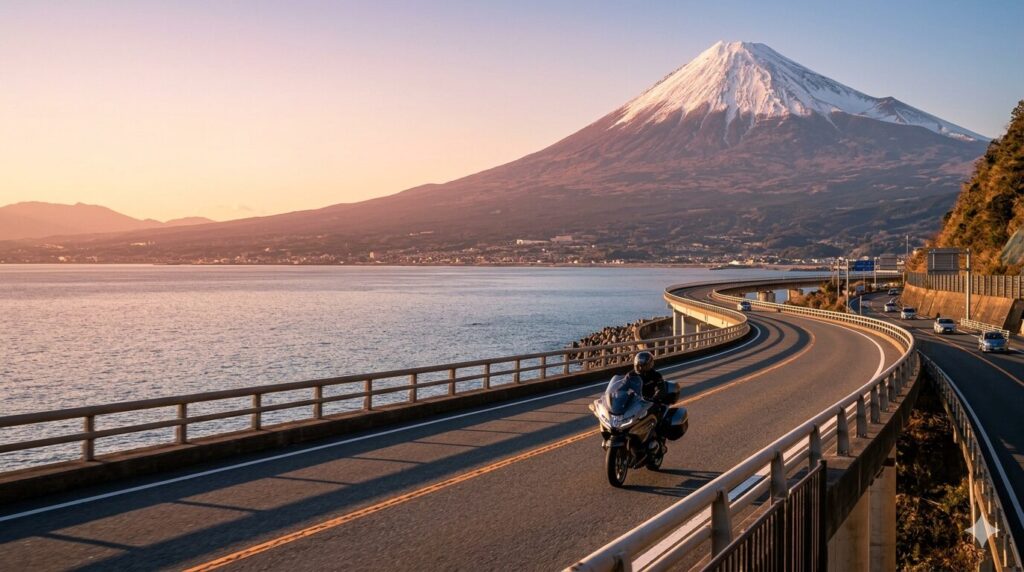 motorcycle touring route in Shizuoka Japan with Mount Fuji and coastal road