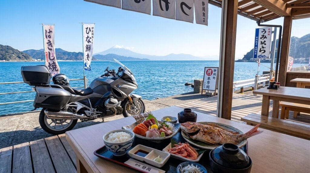 motorcycle touring with seafood and ocean view in Shizuoka Japan