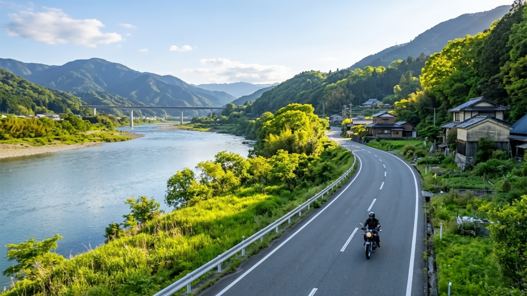 Yamaha SR400 riding along Tenryu river countryside road Japan