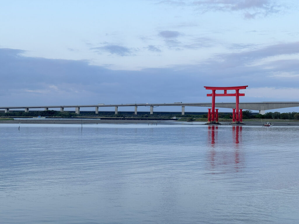 Hamana bridge and red torii at lake Hamana