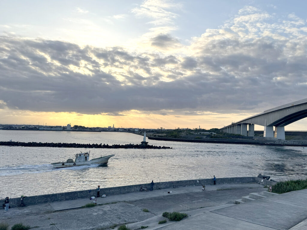 Hamana Bridge and Fishing Boats at Sunrise in Japan