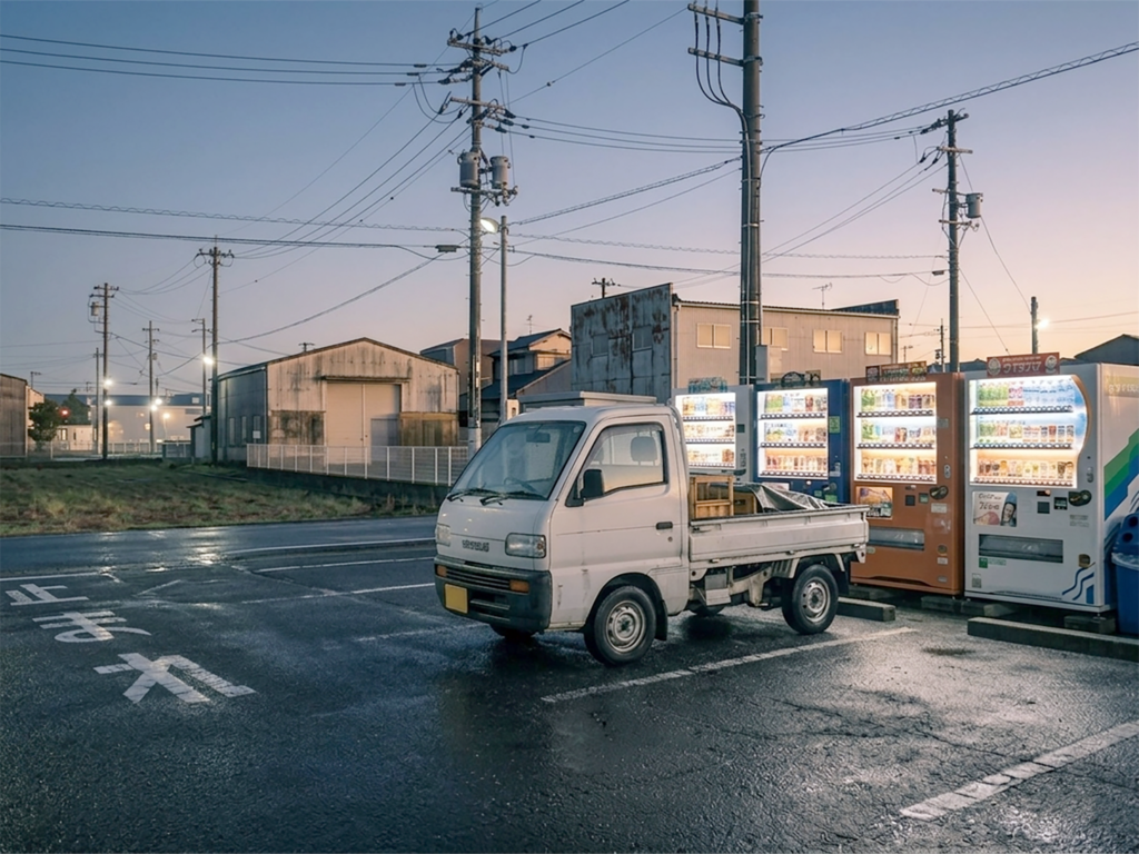 Japanese vending machine beside a coastal road before sunrise