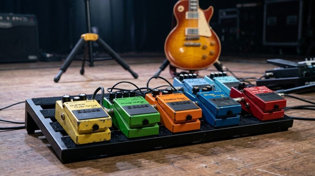 BOSS compact guitar effects pedals on pedalboard with Gibson guitar in background