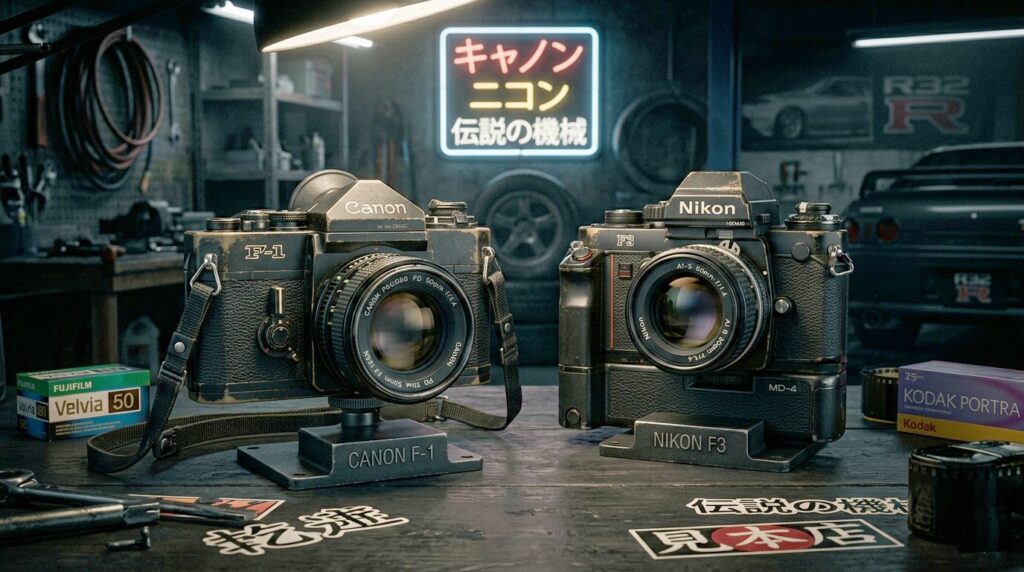 Legendary Canon and Nikon cameras presented in JDM style dramatic lighting
