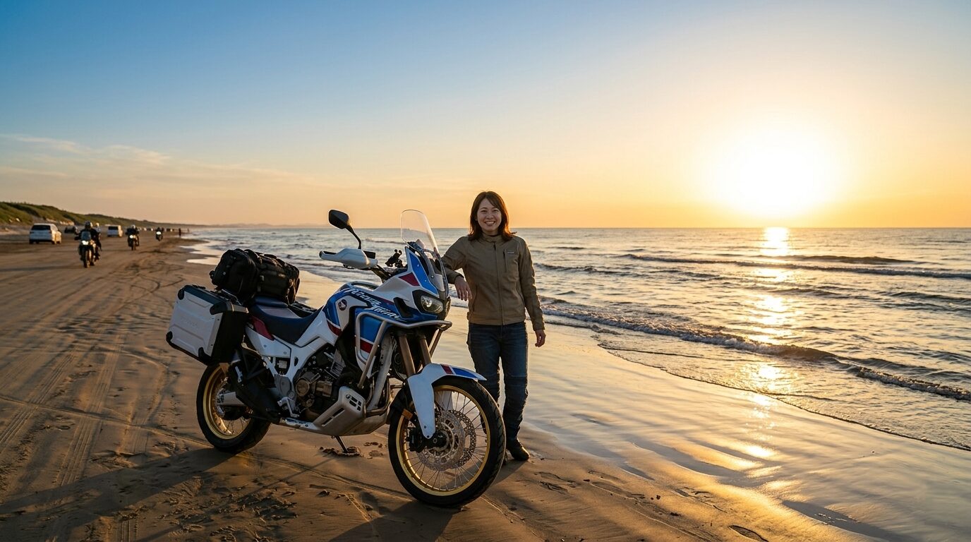 Motorcycle riding on the beach at Chirihama Nagisa Driveway Japan coastal touring