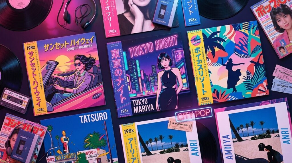 Collection of Japanese City Pop vinyl records with colorful retro album covers