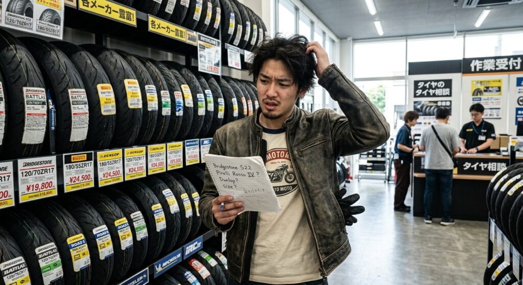 Rider confused choosing motorcycle tires in Japan shop