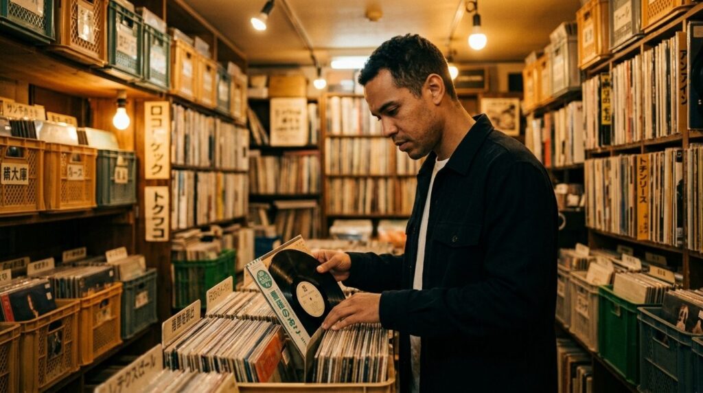 DJ searching for vinyl records in a Tokyo record store surrounded by crates