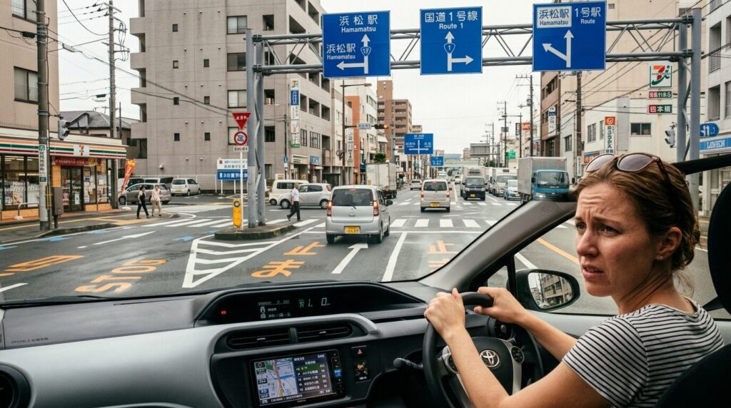 Foreign driver feeling stressed driving a rental car in Japan