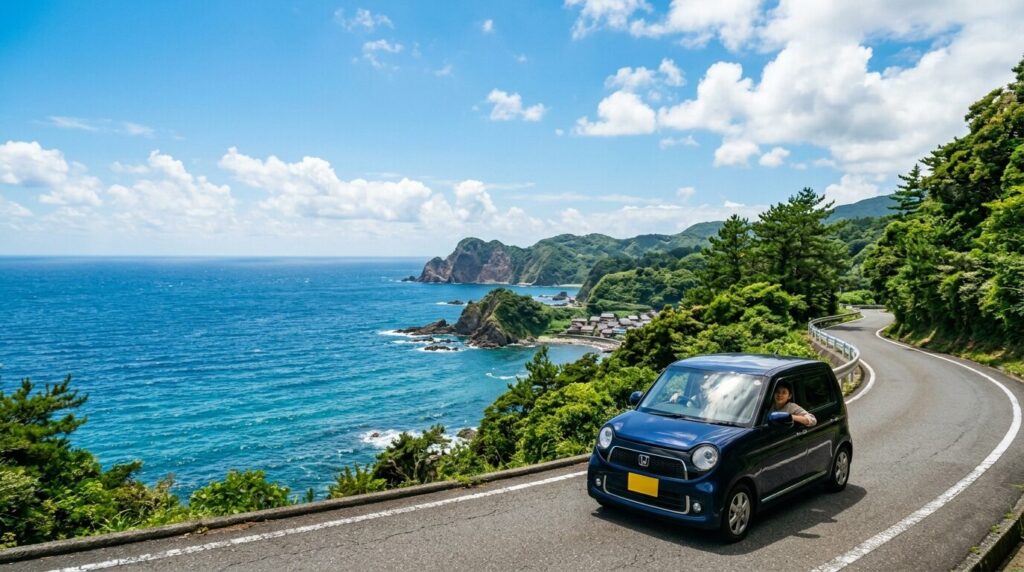 Driving a rental car along a scenic coastal road in Japan with ocean view