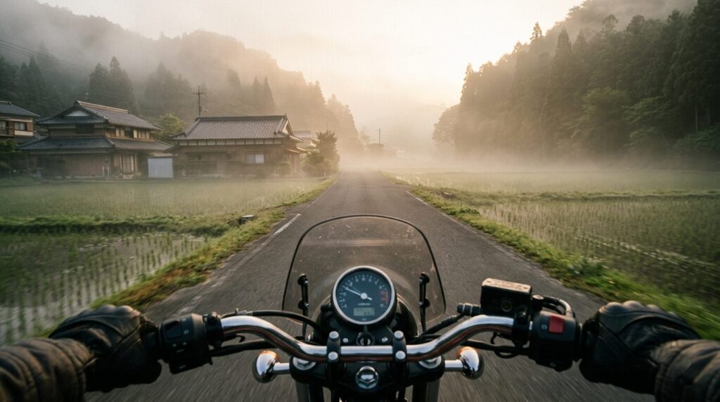 Early morning motorcycle ride in rural Japan empty road