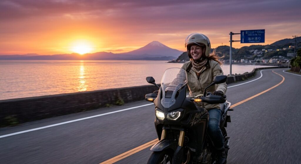 enjoying motorcycle ride in Japan with comfortable gear
