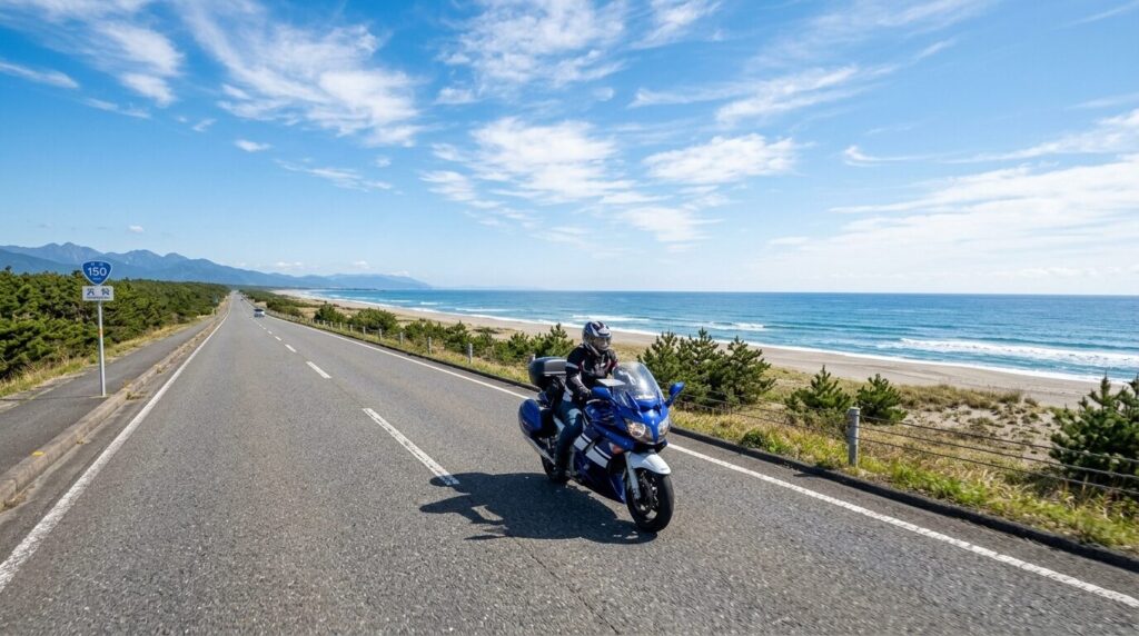 Motorcycle riding Enshu coastline Shizuoka scenic ocean road