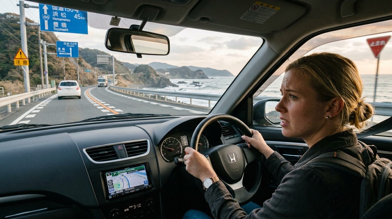 Foreign traveler learning to drive safely in Japan during a first-time Japan road trip