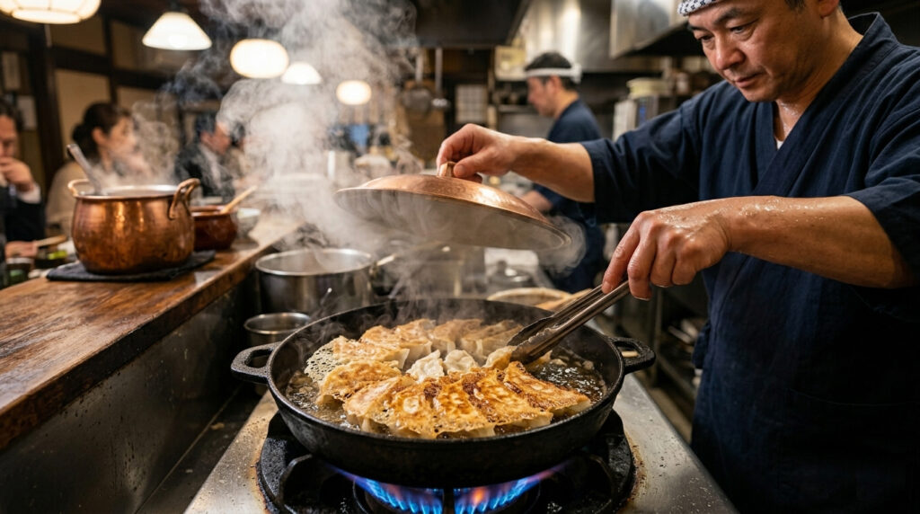 japanese gyoza cooking in pan crispy texture