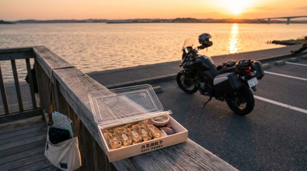 gyoza takeout with lake hamana view motorcycle touring japan