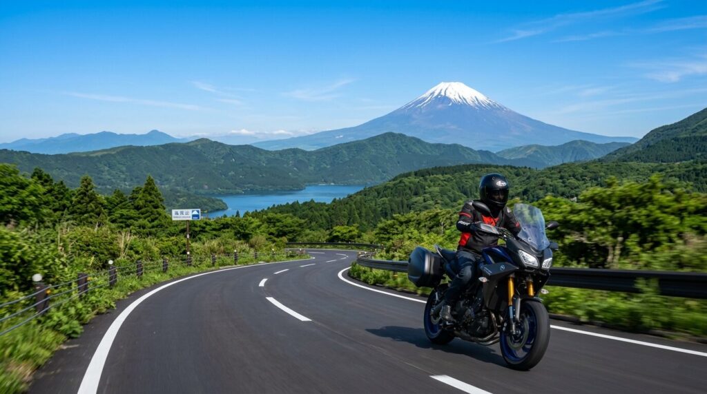Motorcycle riding in Hakone with Mount Fuji view Japan