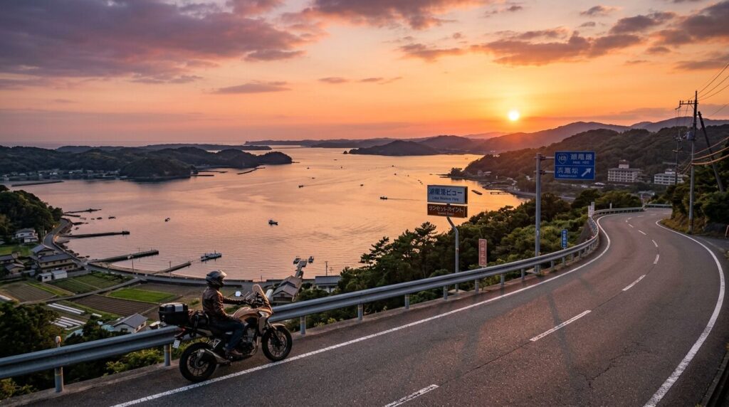 Motorcycle riding near Lake Hamana at sunset in Hamamatsu Japan