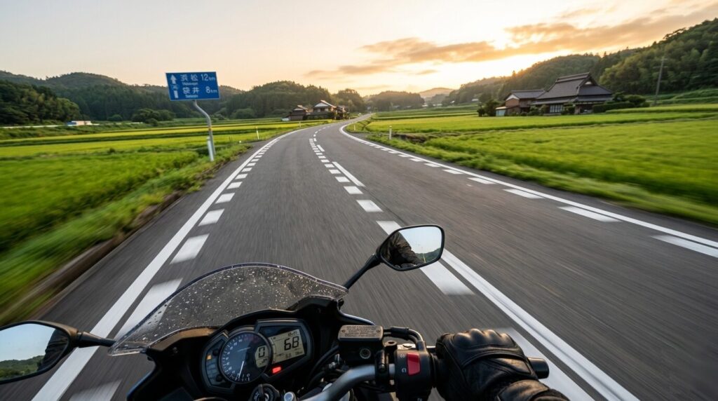 First person motorcycle riding empty road Hamamatsu Japan morning