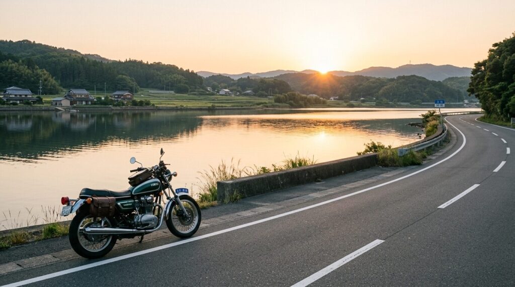 Motorcycle at Lake Hamana sunrise Hamamatsu Japan scenic riding