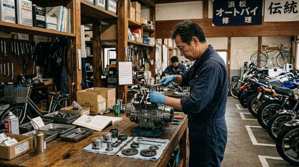 Japanese motorcycle craftsmanship workshop Hamamatsu mechanic working