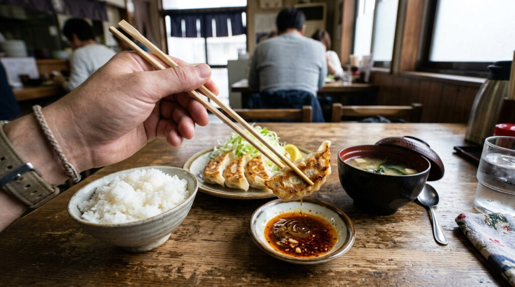how to eat gyoza with dipping sauce and rice japan
