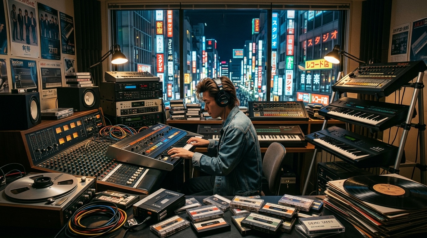 1980s Japanese synthesizers and Sony Walkman representing Japan's music revolution