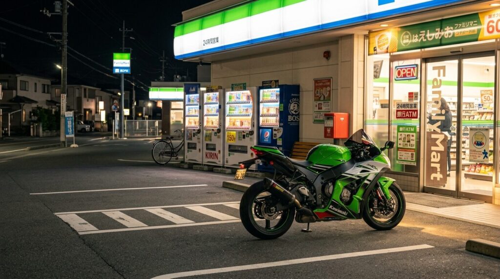 motorcycle parked at Japanese convenience store touring Japan