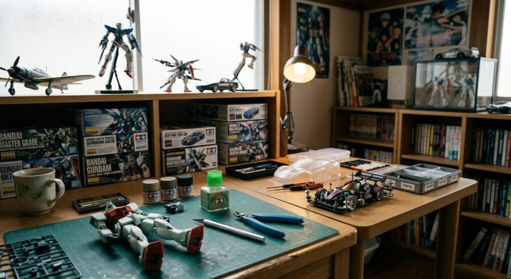 Japanese hobby culture workspace with model kits Gunpla and Tamiya tools