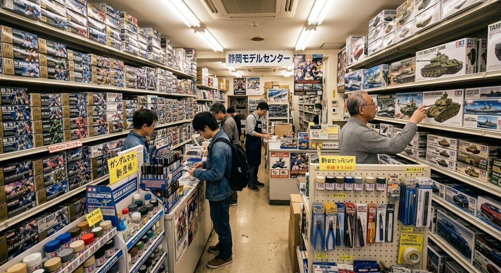 interior of Japanese hobby shop with model kits and customers browsing