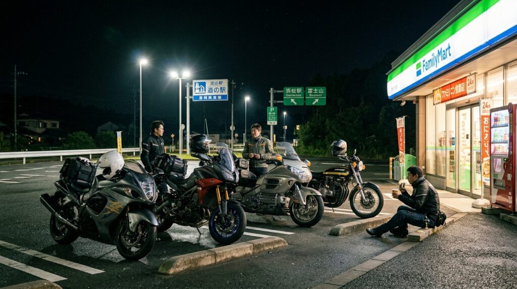 Japanese convenience store motorcycle stop riders resting night