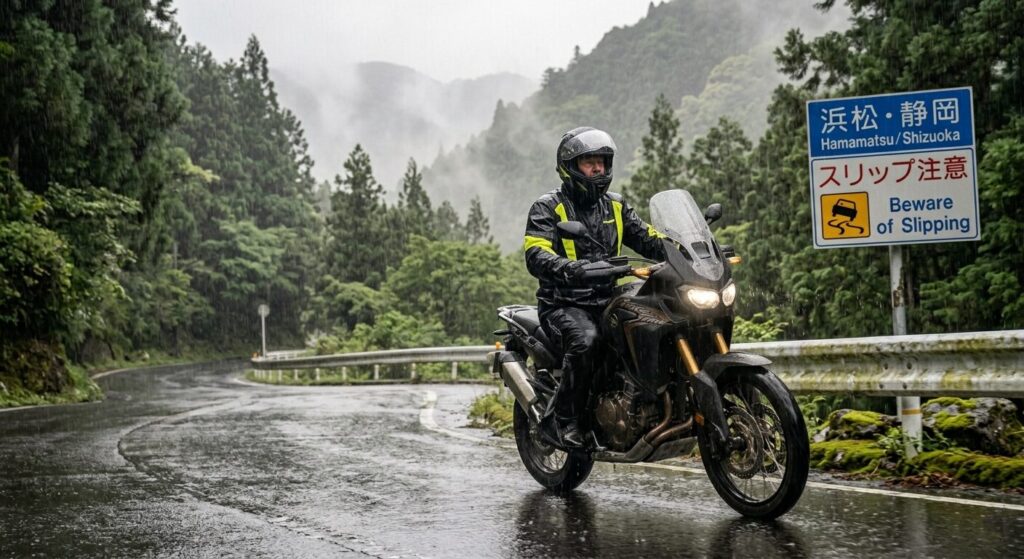 motorcycle riding in rain in Japan with proper rain gear