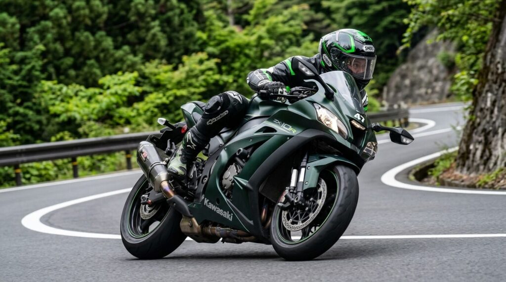 Motorcycle cornering on Japanese mountain road with performance exhaust