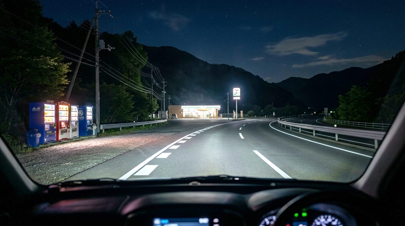 Night driving in Hamamatsu Japan with empty roads and illuminated convenience store at night