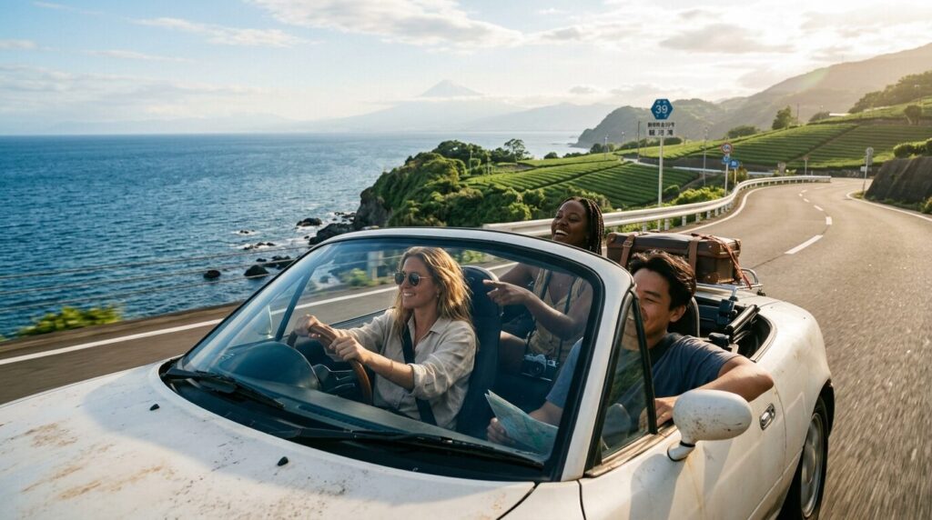 Confident foreign travelers enjoying a road trip through Japan
