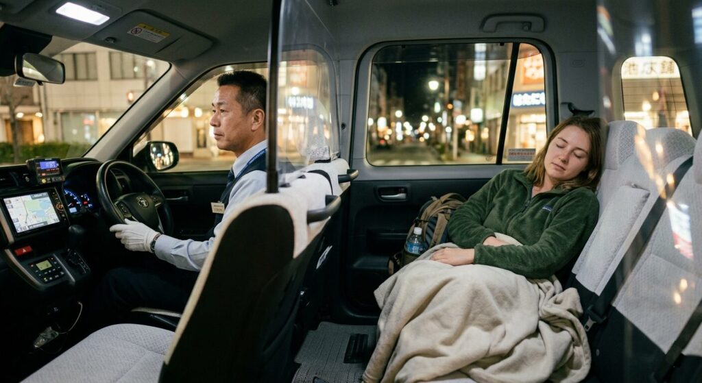 Tourist sleeping safely in a Japanese taxi at night