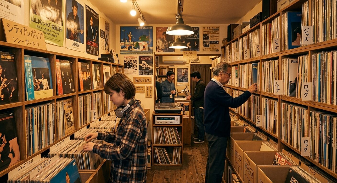 Interior of a Tokyo record shop filled with vinyl records and collectors browsing shelves
