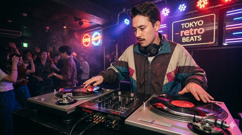 Japanese audio equipment influencing global music with Vestax DJ mixer and Technics SL-1200 turntables
