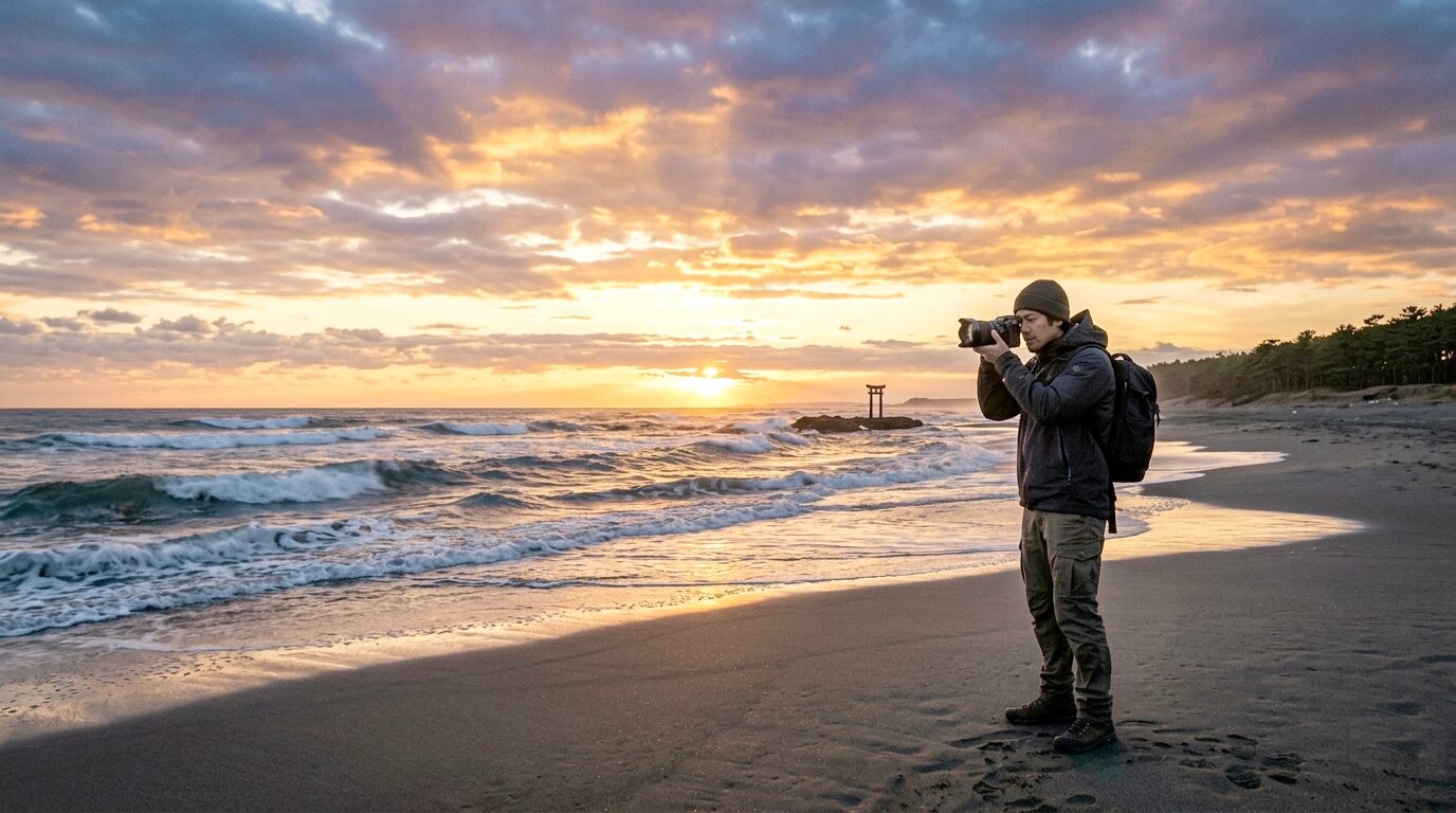 Photographer using a Japanese camera on Enshu coast in Hamamatsu during sunset
