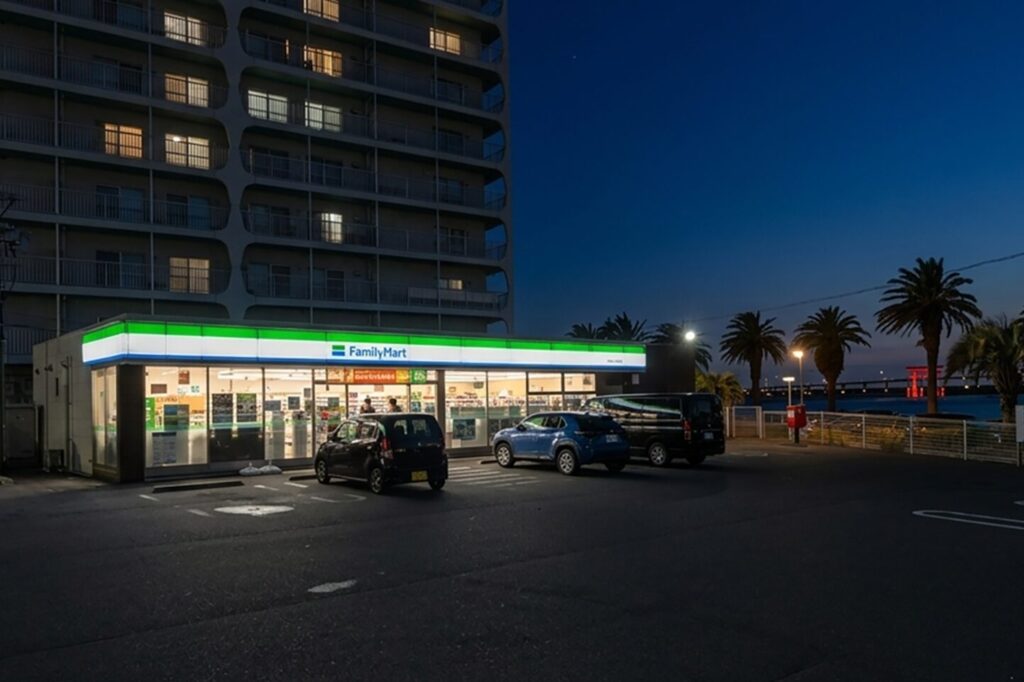 Japanese convenience store near the ocean at night