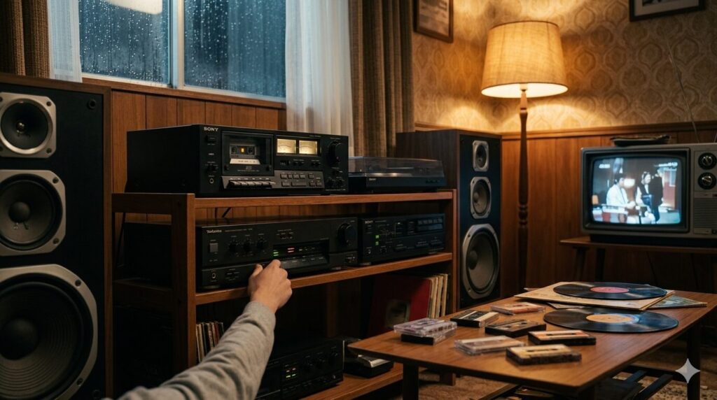 1980s Japanese hi-fi audio system and black electronics