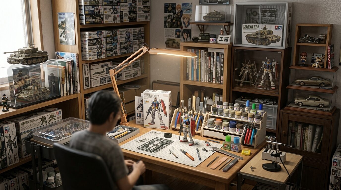 Japanese hobby culture in Shizuoka with Tamiya model kits, plastic models, tools, and detailed craftsmanship workspace showing precision and creativity
