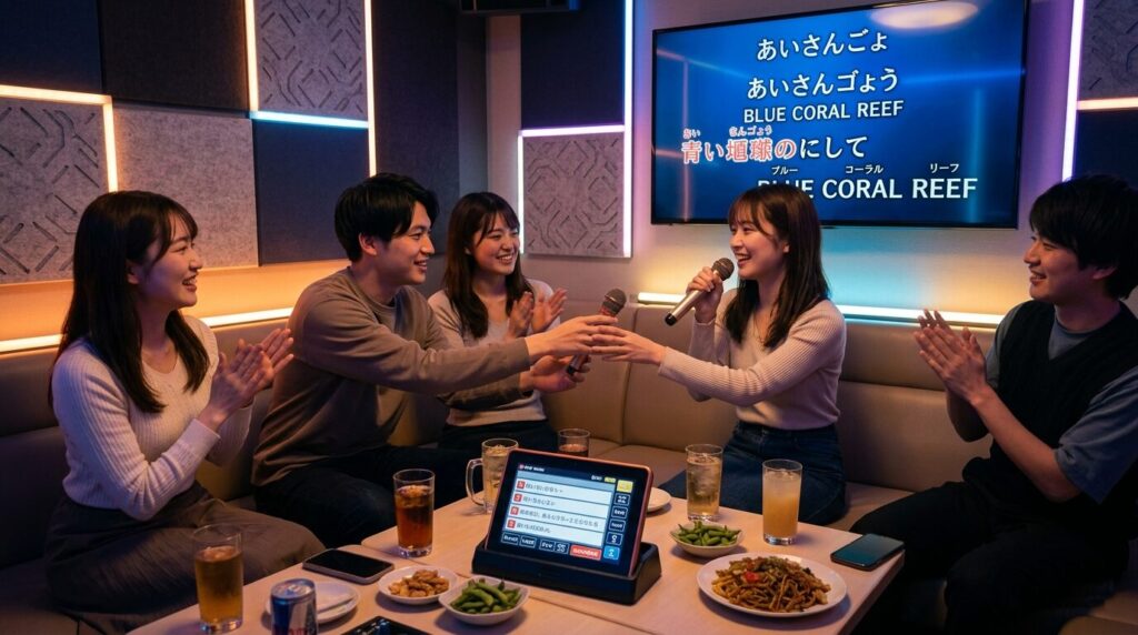 Japanese karaoke room using wireless infrared microphones