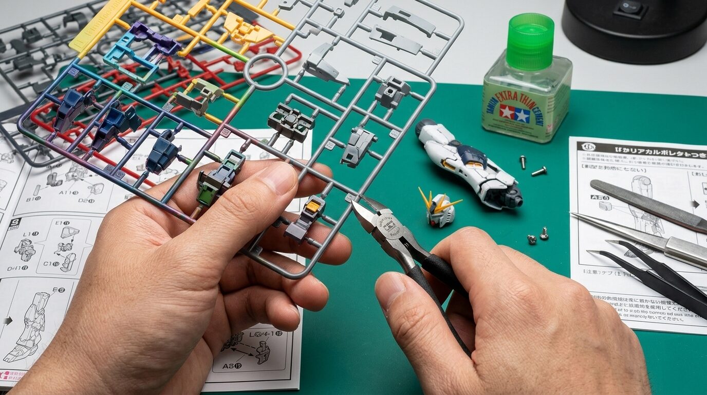 hands assembling a Japanese plastic model kit with tools and precision